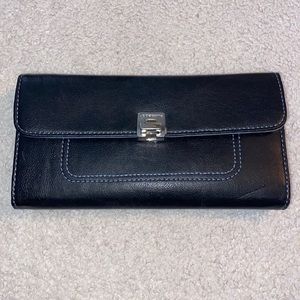 Liz Claiborne black leather wallet with blu lining and stitching